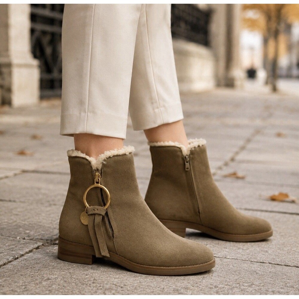 See By Chloe Louise Shearling-Lined Suede Ankle Boots - Size 36.5 EU - 6 US NEW